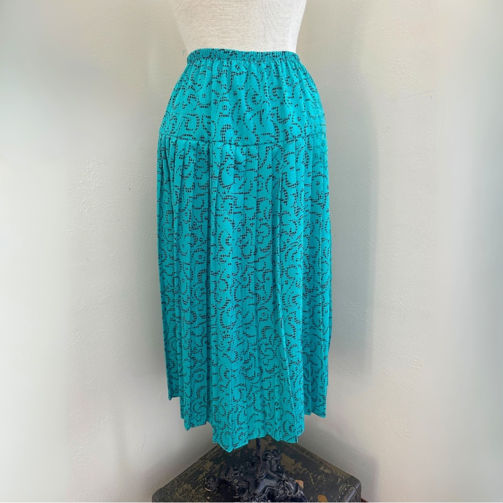 Vintage turquoise and black drop waist pleated midi skirt, size XS